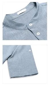 Dettaglio camicia blu uomo con colletto alla coreana, trama tessuto e bottoni manica