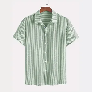 Men American Vintage Vertical Striped Short Sleeve Shirt Lightweight Seersucker Texture Polyester Top For Casual Summer Commuting