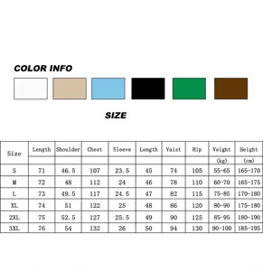 Comprehensive size chart and color guide for men's casual summer beach wear set