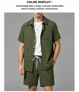 Close-up of men's olive green textured short sleeve shirt and shorts casual summer set