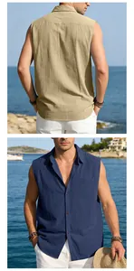 Men's sleeveless cotton linen shirt detail showing front and back views in beach setting
