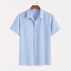 Men's light blue vertical striped short-sleeve shirt with seersucker texture