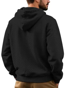 Back view of men's black jacquard textured hoodie showing loose fit and hood detail