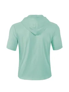 Back view of men's short sleeve hooded shirt in mint green breathable fabric