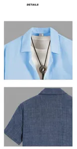Close-up detail of men's summer short sleeve shirt with textured fabric in light blue
