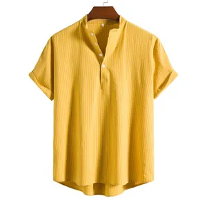 Detailed view of a yellow vertical striped men's short-sleeve shirt with a buttoned henley collar.