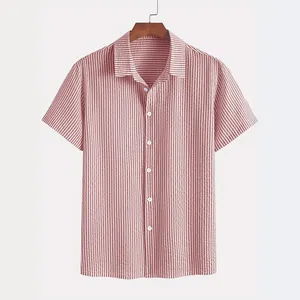 Men's vintage red striped short sleeve button down shirt with seersucker texture