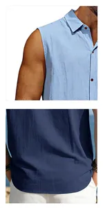 Detail view of men's sleeveless cotton linen shirt showing breathable fabric texture.