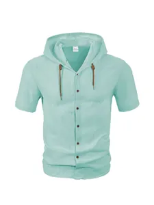 Front view of a mint green men's short sleeve hooded shirt with breathable cotton texture