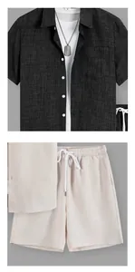 Detail view of men's summer beach set featuring a textured shirt and drawstring shorts