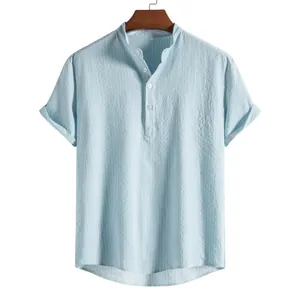 Light blue men's short sleeve striped shirt with stylish casual henley neck design