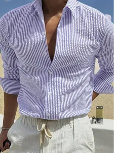 Premium purple and white striped seersucker long sleeve shirt for men beach lifestyle