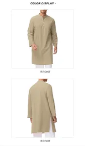 Vorder- und Rückansicht einer khakifarbenen Ethno-Robe für Herren aus Baumwolle mit Seitenschlitz