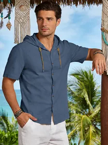 Blue men's short sleeve hooded shirt featuring casual resort style and breathable fabric