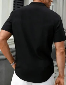 Back view of a black short-sleeve standing collar casual shirt for men's summer style.