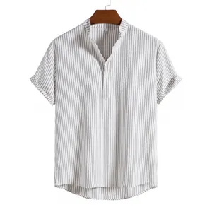 Detailed view of a men's short-sleeved striped shirt featuring a classic henley collar design