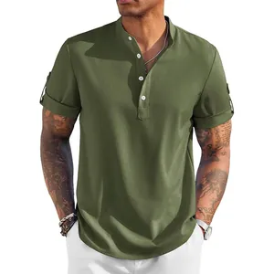 Camicia da uomo slim fit verde oliva a maniche corte con colletto alla coreana