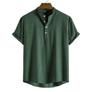 Close-up detail of men's dark green vertical striped shirt with stand collar and buttons.