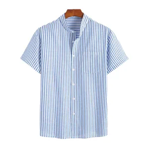 Men's blue and white vertical stripe short sleeve shirt with retro mandarin collar design