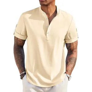 Camicia uomo slim fit a maniche corte con colletto alla coreana beige