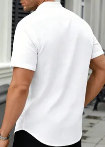 Back view of men's casual white short sleeve shirt with standing collar and linen texture.