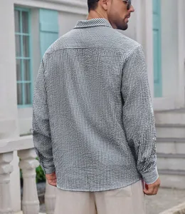 Detailed back view of a men's long-sleeved striped seersucker casual button-down shirt