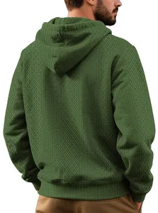 Detailed back view of men's green jacquard textured hooded sweatshirt with ribbed cuffs