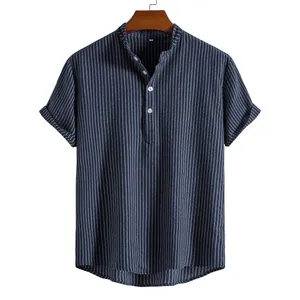 Detailed view of navy blue striped men's shirt featuring Henley collar and short sleeves