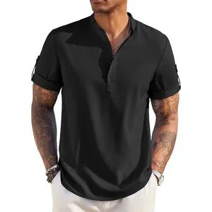 Camicia Henley nera da uomo a maniche corte con colletto alla coreana e vestibilità slim