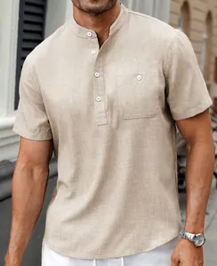 Detail view of khaki linen-texture Henley shirt with stand collar and pocket