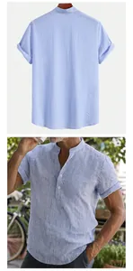 Detail view of men's blue striped seersucker shirt with stand collar and half-placket design