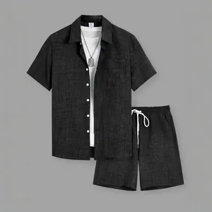 Men Summer Beach Two-Piece Set Short Sleeve Button Down Shirt And Drawstring Shorts Casual Texture Vacation Top And Bottom