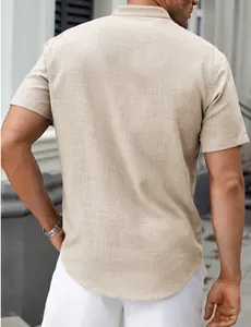 Back view of a men's beige linen-look short sleeve shirt with a stylish stand collar