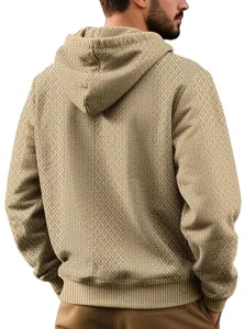 Detailed back view of men's khaki jacquard hooded sweatshirt with textured diamond pattern