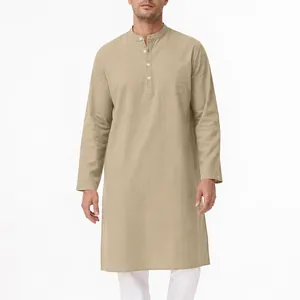 Herren Ethnisch Langarm Baumwolle Thobe Stehkragen Seitenschlitz Knopf Casual Kurta Robe Traditionelle Nahöstliche Kleidung