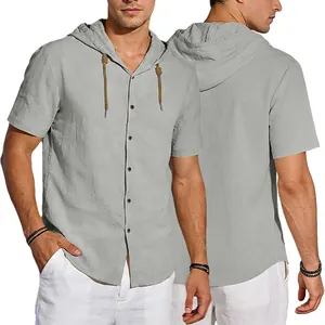 Men's casual light grey short-sleeved hooded shirt featuring front and back views