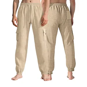 Men Casual Cargo Joggers Solid Color Multi-Pocket Slim Fit Sweatpants Waffle Texture Tapered Ankle Length Bottom For Outdoor Daily