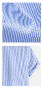 Detail view showing blue and white striped seersucker fabric texture and sleeve construction