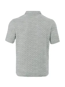 Back view of a grey men's short-sleeved polo shirt with detailed herringbone pattern