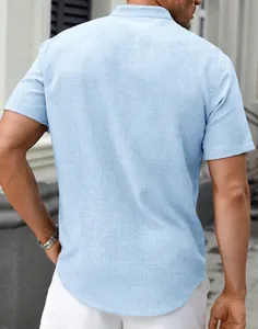 Detail view showing the back of a light blue linen texture short sleeve casual shirt