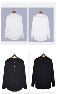 Front and back views of casual men's long sleeve stand collar shirts in white and black