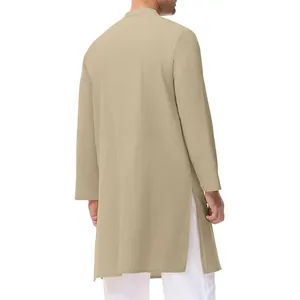 Men's beige cotton long sleeve thobe with side slits and mandarin collar, back view