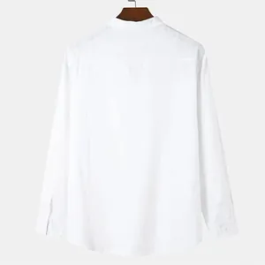 Back view of a men's white slub cotton linen long-sleeved shirt with stand collar
