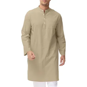 Traditionelle Herren-Baumwollrobe mit langen Ärmeln, Stehkragen und Seitenschlitzen, Khaki