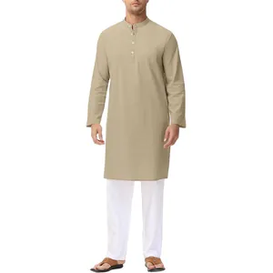 Men's Casual Long Sleeve Solid Color Thobe Traditional Ethnic Style Mandarin Collar Loose Long Robe