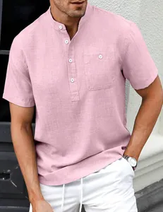 Close-up of pink linen-blend men's Henley shirt featuring a stand collar and pocket.