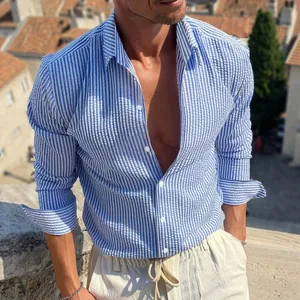 Men's Striped Long Sleeve Shirt Seersucker Cotton Blend Fashion Button Down Casual Business Turn-down Collar Shirt Top