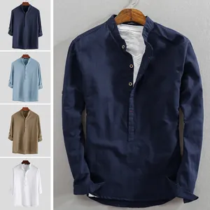 Detail view of men's casual cotton linen long-sleeve shirts in multiple color options
