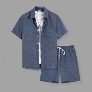 Men's summer casual two-piece set featuring textured blue short sleeve shirt and shorts