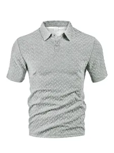 Macro view of the textured waffle jacquard fabric on a gray men's short sleeve polo shirt